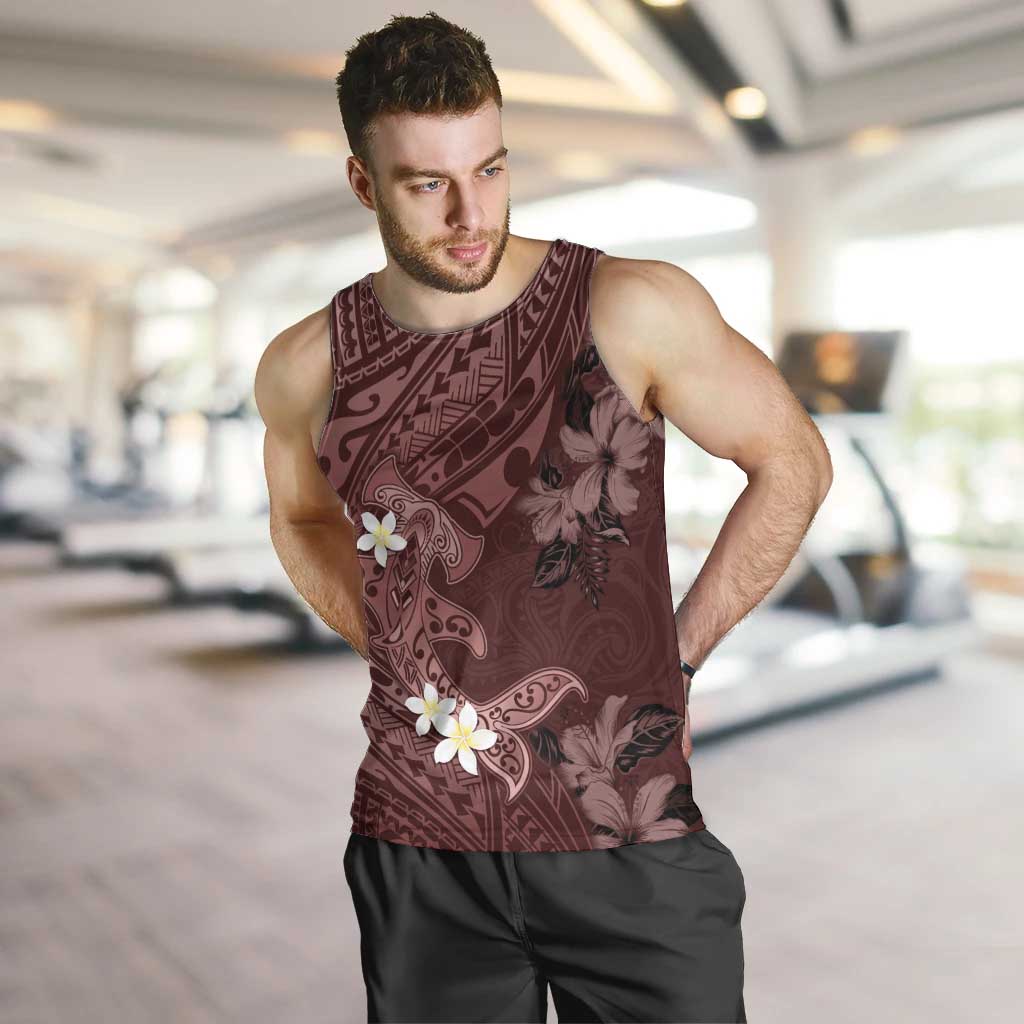 Polynesia Hammerhead Shark Men Tank Top Tropical Flowers Tribal Pattern Oxblood LT05 Oxblood - Polynesian Pride