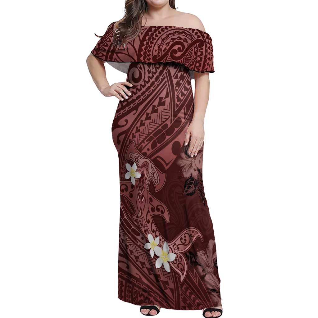 Polynesia Hammerhead Shark Off Shoulder Maxi Dress Tropical Flowers Tribal Pattern Oxblood LT05 Women Oxblood - Polynesian Pride