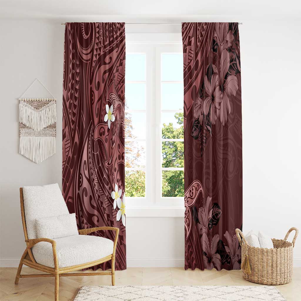 Polynesia Hammerhead Shark Window Curtain Tropical Flowers Tribal Pattern Oxblood