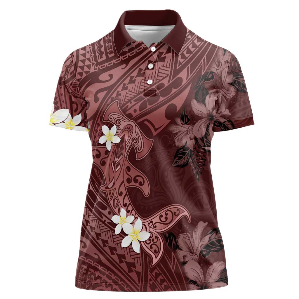 Polynesia Hammerhead Shark Women Polo Shirt Tropical Flowers Tribal Pattern Oxblood
