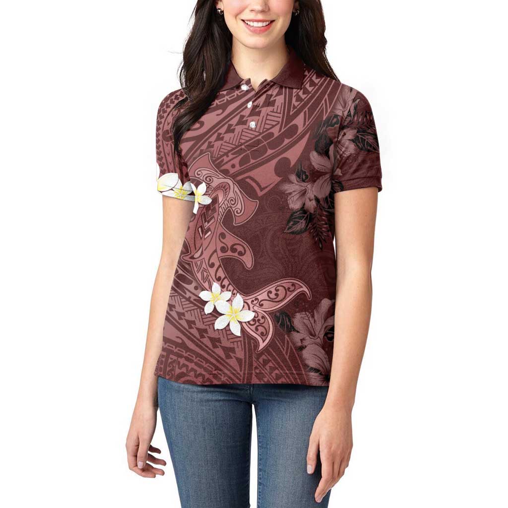 Polynesia Hammerhead Shark Women Polo Shirt Tropical Flowers Tribal Pattern Oxblood