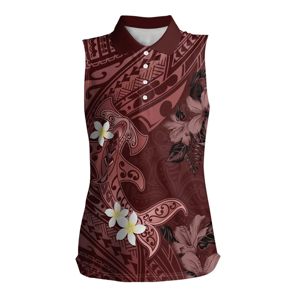 Polynesia Hammerhead Shark Women Sleeveless Polo Shirt Tropical Flowers Tribal Pattern Oxblood LT05 Female Oxblood - Polynesian Pride