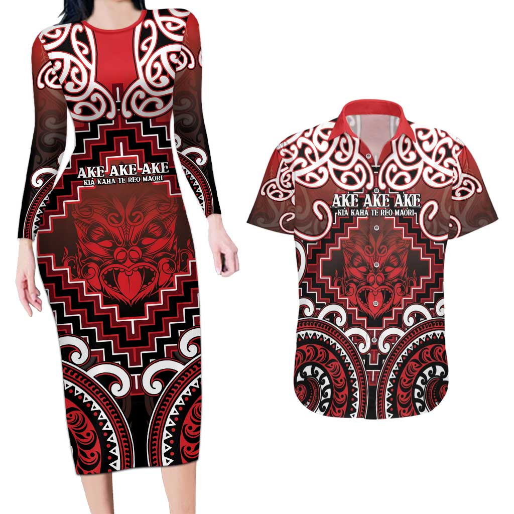 Personalised New Zealand Aotearoa Couples Matching Long Sleeve Bodycon Dress and Hawaiian Shirt Te Reo Maori Ake Ake Ake LT05 Red - Polynesian Pride