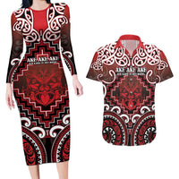 Personalised New Zealand Aotearoa Couples Matching Long Sleeve Bodycon Dress and Hawaiian Shirt Te Reo Maori Ake Ake Ake LT05 Red - Polynesian Pride
