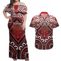 Personalised New Zealand Aotearoa Couples Matching Off Shoulder Maxi Dress and Hawaiian Shirt Te Reo Maori Ake Ake Ake LT05 Red - Polynesian Pride