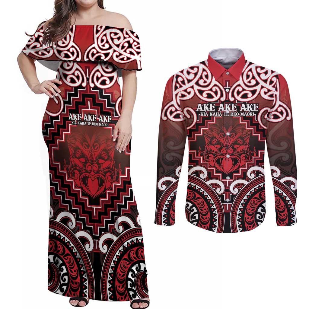 Personalised New Zealand Aotearoa Couples Matching Off Shoulder Maxi Dress and Long Sleeve Button Shirt Te Reo Maori Ake Ake Ake LT05 Red - Polynesian Pride
