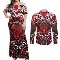 Personalised New Zealand Aotearoa Couples Matching Off Shoulder Maxi Dress and Long Sleeve Button Shirt Te Reo Maori Ake Ake Ake LT05 Red - Polynesian Pride