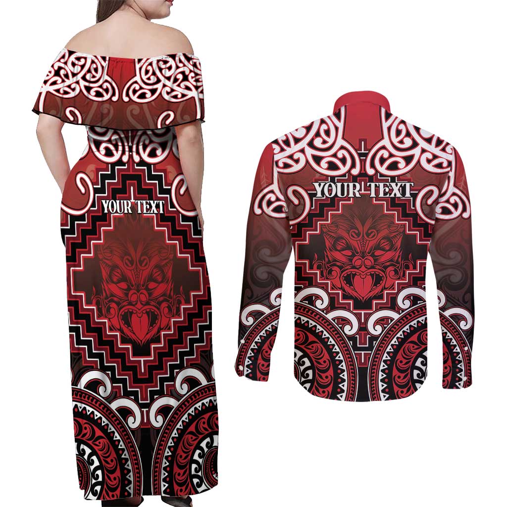 Personalised New Zealand Aotearoa Couples Matching Off Shoulder Maxi Dress and Long Sleeve Button Shirt Te Reo Maori Ake Ake Ake LT05 - Polynesian Pride