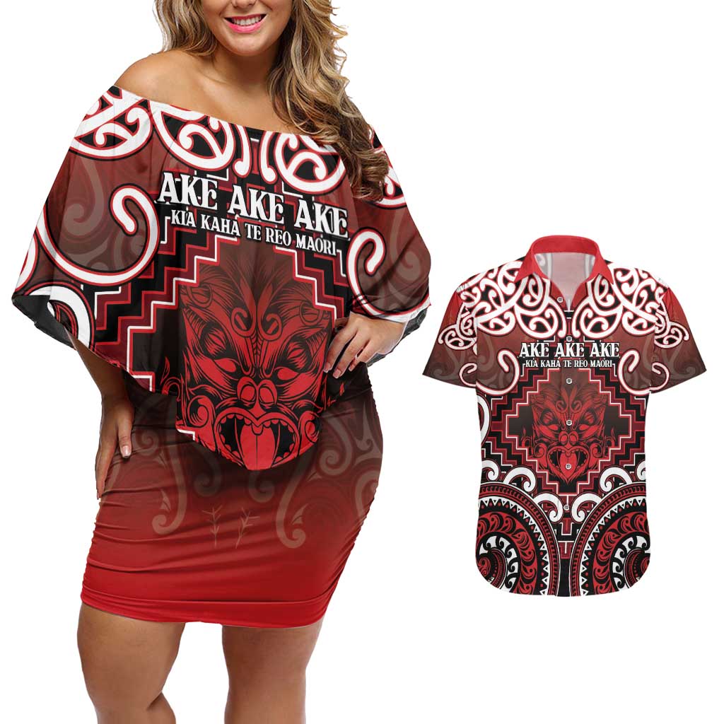 Personalised New Zealand Aotearoa Couples Matching Off Shoulder Short Dress and Hawaiian Shirt Te Reo Maori Ake Ake Ake LT05 Red - Polynesian Pride