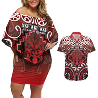 Personalised New Zealand Aotearoa Couples Matching Off Shoulder Short Dress and Hawaiian Shirt Te Reo Maori Ake Ake Ake LT05 Red - Polynesian Pride