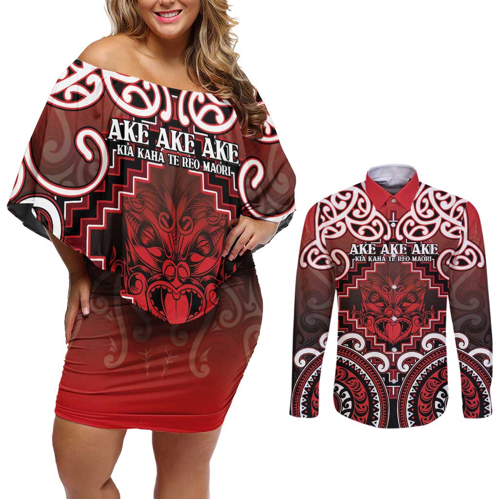 Personalised New Zealand Aotearoa Couples Matching Off Shoulder Short Dress and Long Sleeve Button Shirt Te Reo Maori Ake Ake Ake LT05 Red - Polynesian Pride