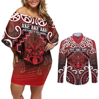 Personalised New Zealand Aotearoa Couples Matching Off Shoulder Short Dress and Long Sleeve Button Shirt Te Reo Maori Ake Ake Ake LT05 Red - Polynesian Pride