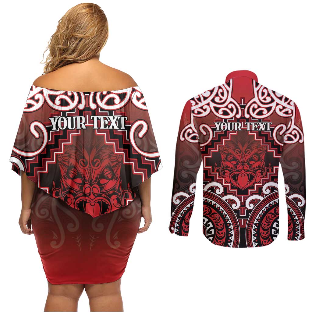 Personalised New Zealand Aotearoa Couples Matching Off Shoulder Short Dress and Long Sleeve Button Shirt Te Reo Maori Ake Ake Ake LT05 - Polynesian Pride