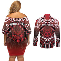 Personalised New Zealand Aotearoa Couples Matching Off Shoulder Short Dress and Long Sleeve Button Shirt Te Reo Maori Ake Ake Ake LT05 - Polynesian Pride