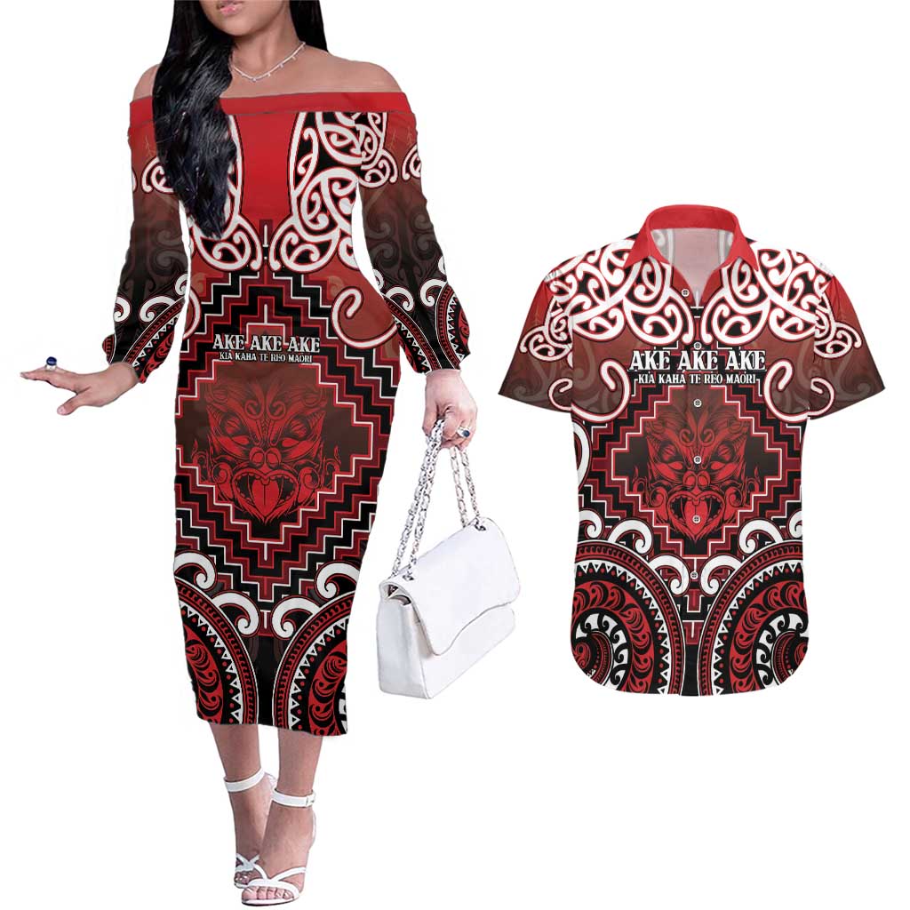 Personalised New Zealand Aotearoa Couples Matching Off The Shoulder Long Sleeve Dress and Hawaiian Shirt Te Reo Maori Ake Ake Ake LT05 Red - Polynesian Pride