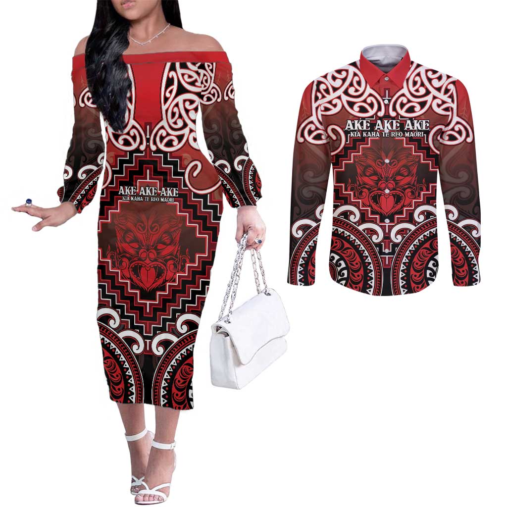 Personalised New Zealand Aotearoa Couples Matching Off The Shoulder Long Sleeve Dress and Long Sleeve Button Shirt Te Reo Maori Ake Ake Ake - Polynesian Pride