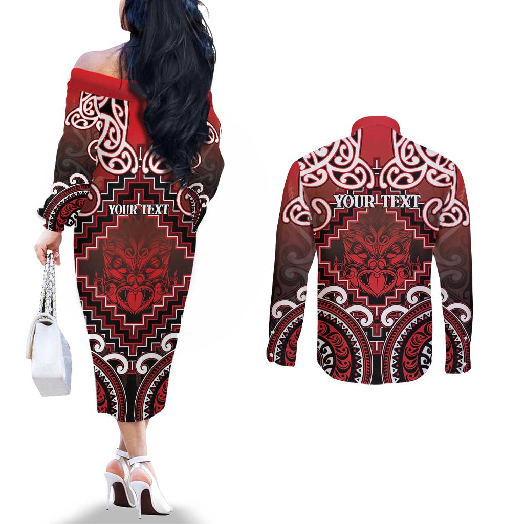 Personalised New Zealand Aotearoa Couples Matching Off The Shoulder Long Sleeve Dress and Long Sleeve Button Shirt Te Reo Maori Ake Ake Ake LT05 - Polynesian Pride