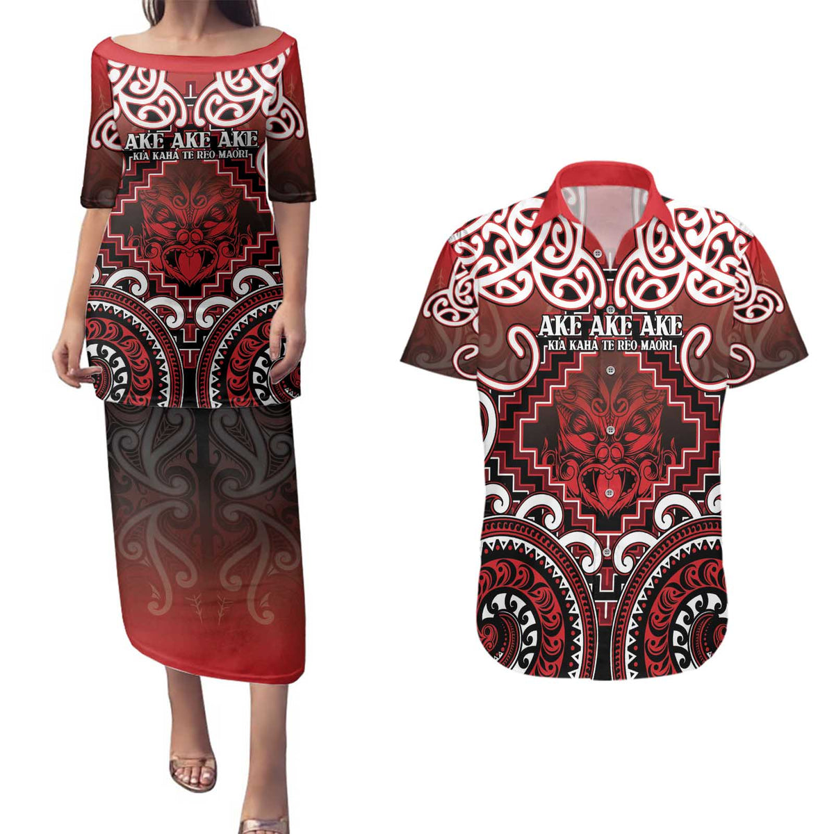 Personalised New Zealand Aotearoa Couples Matching Puletasi and Hawaiian Shirt Te Reo Maori Ake Ake Ake LT05 Red - Polynesian Pride