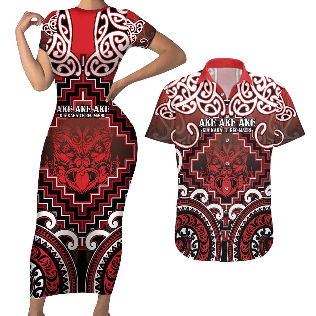 Personalised New Zealand Aotearoa Couples Matching Short Sleeve Bodycon Dress and Hawaiian Shirt Te Reo Maori Ake Ake Ake LT05 Red - Polynesian Pride