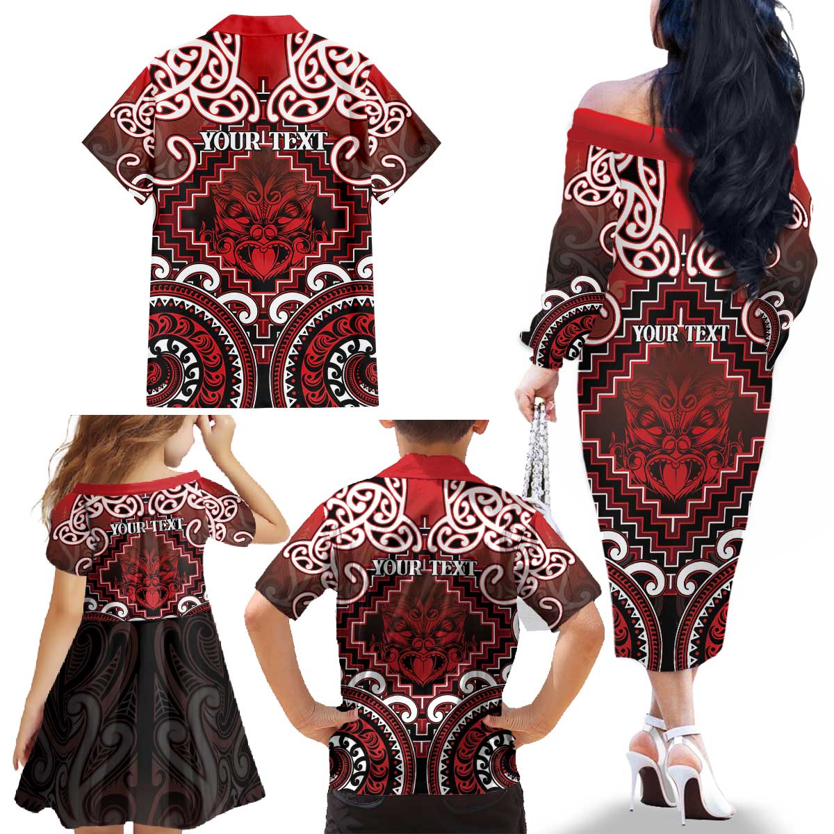 Personalised New Zealand Aotearoa Family Matching Off The Shoulder Long Sleeve Dress and Hawaiian Shirt Te Reo Maori Ake Ake Ake LT05 - Polynesian Pride