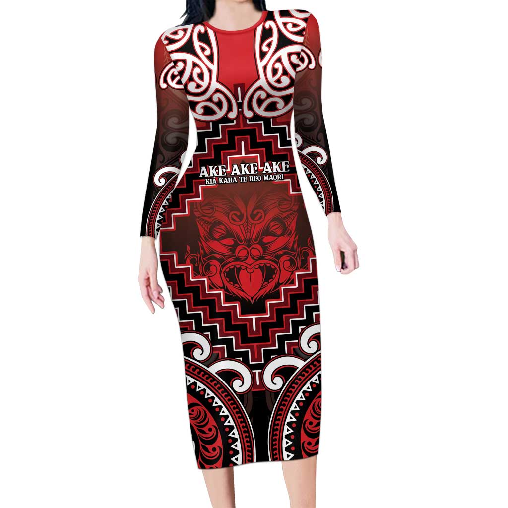 Personalised New Zealand Aotearoa Long Sleeve Bodycon Dress Te Reo Maori Ake Ake Ake LT05 Long Dress Red - Polynesian Pride