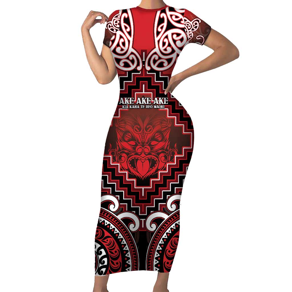Personalised New Zealand Aotearoa Short Sleeve Bodycon Dress Te Reo Maori Ake Ake Ake LT05 Long Dress Red - Polynesian Pride