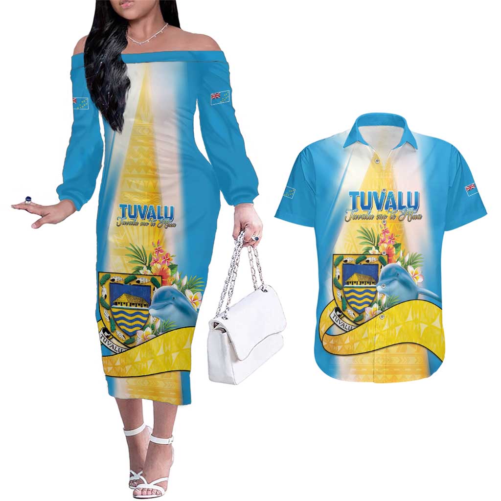 Personalised Tuvalu Independence Day Couples Matching Off The Shoulder Long Sleeve Dress and Hawaiian Shirt Tuvalu Mo Te Atua LT05 Yellow - Polynesian Pride