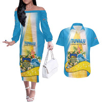 Personalised Tuvalu Independence Day Couples Matching Off The Shoulder Long Sleeve Dress and Hawaiian Shirt Tuvalu Mo Te Atua LT05 Yellow - Polynesian Pride
