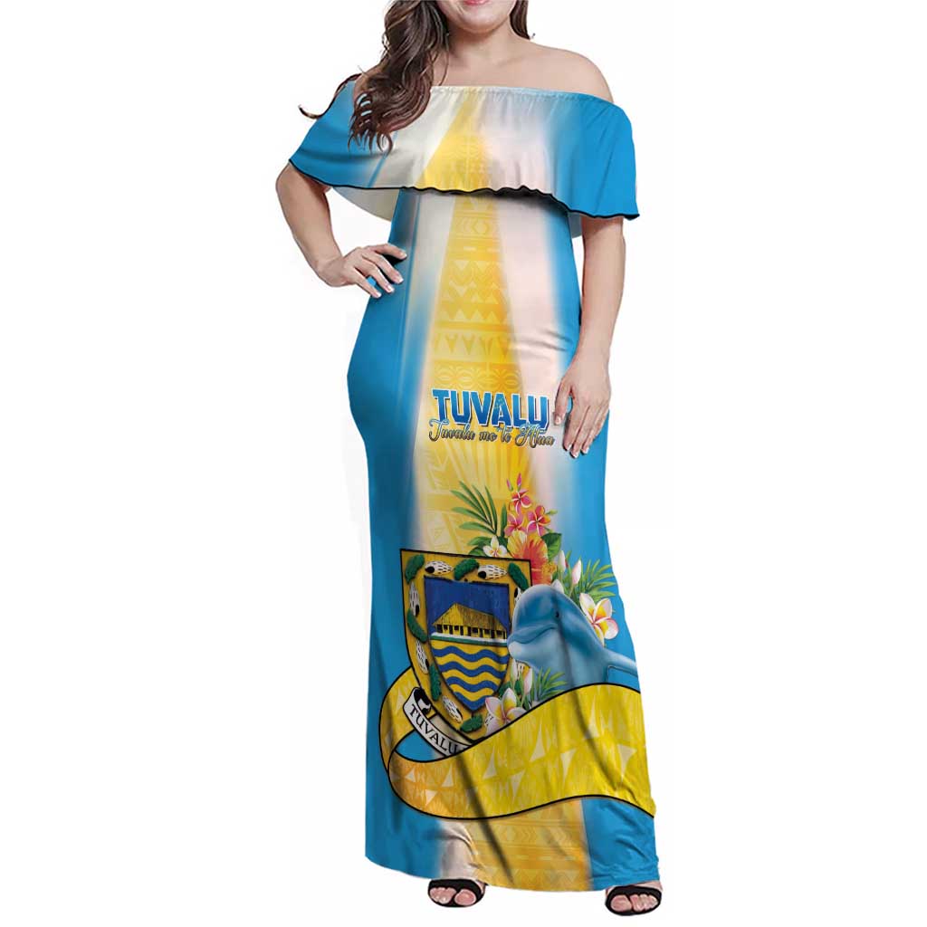 Personalised Tuvalu Independence Day Family Matching Off Shoulder Maxi Dress and Hawaiian Shirt Tuvalu Mo Te Atua LT05 Mom's Dress Yellow - Polynesian Pride