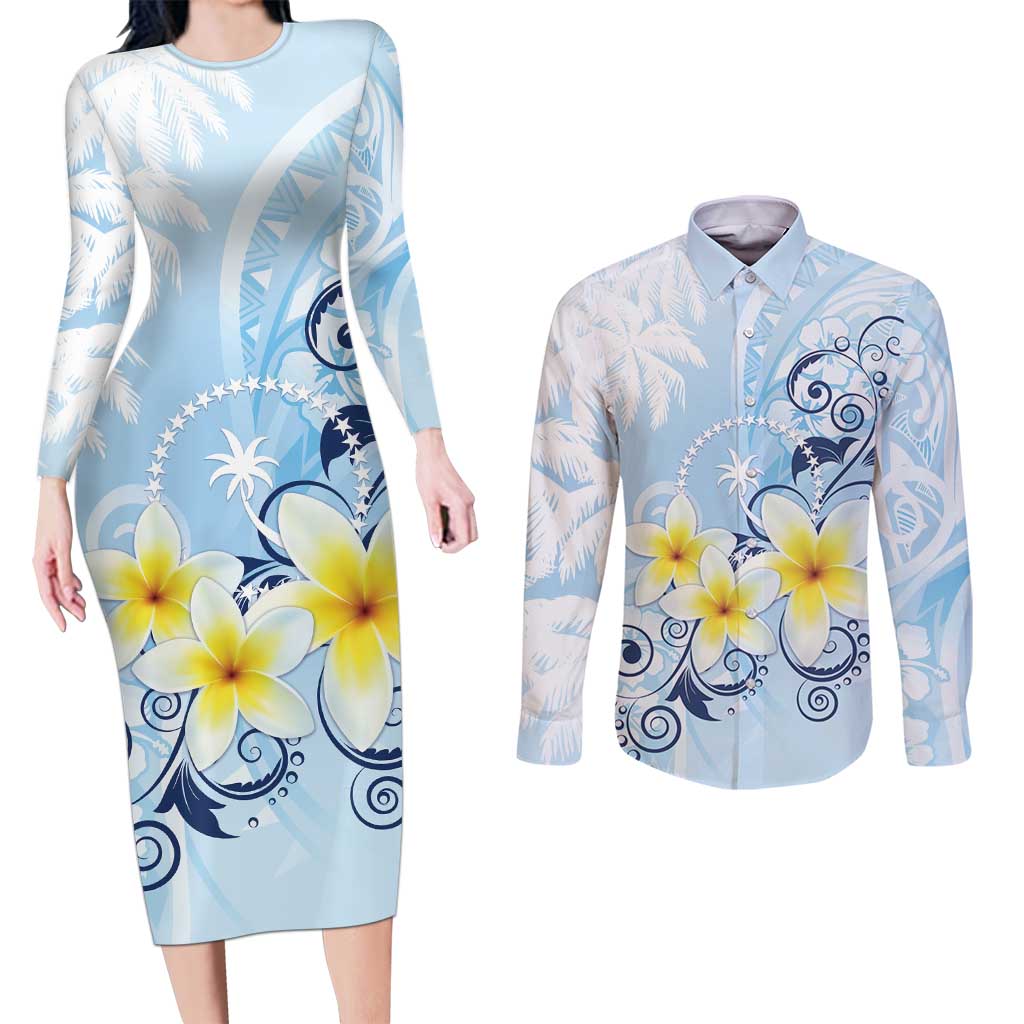 FSM Chuuk Constitution Day Couples Matching Long Sleeve Bodycon Dress and Long Sleeve Button Shirt Polynesian Curves Plumeria LT05 Blue - Polynesian Pride