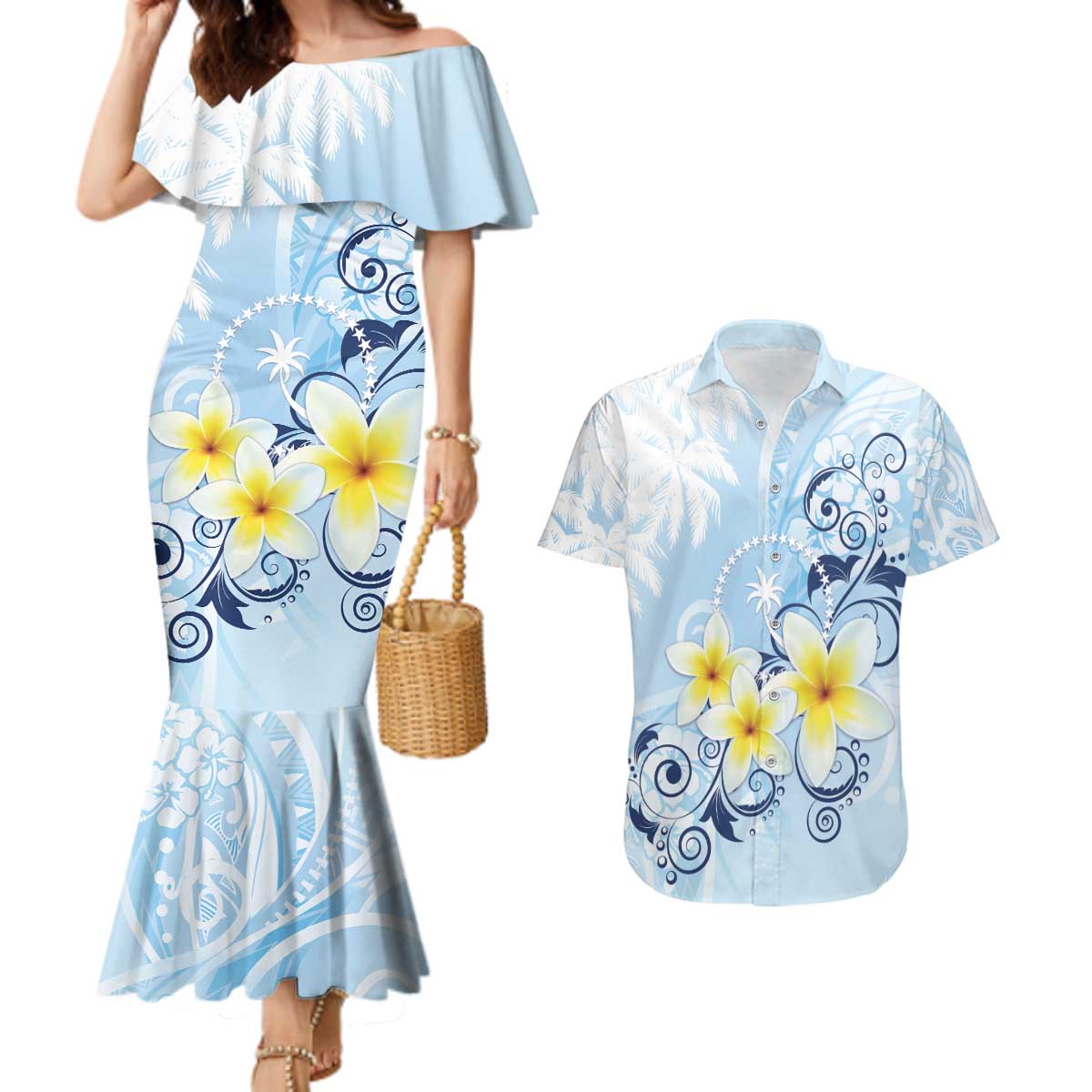 FSM Chuuk Constitution Day Couples Matching Mermaid Dress and Hawaiian Shirt Polynesian Curves Plumeria LT05 Blue - Polynesian Pride