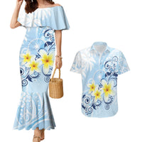 FSM Chuuk Constitution Day Couples Matching Mermaid Dress and Hawaiian Shirt Polynesian Curves Plumeria LT05 Blue - Polynesian Pride