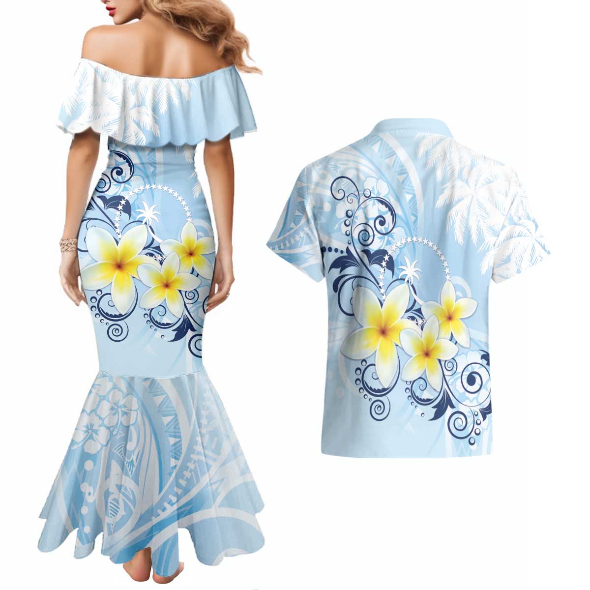 FSM Chuuk Constitution Day Couples Matching Mermaid Dress and Hawaiian Shirt Polynesian Curves Plumeria LT05 - Polynesian Pride
