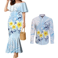 FSM Chuuk Constitution Day Couples Matching Mermaid Dress and Long Sleeve Button Shirt Polynesian Curves Plumeria LT05 Blue - Polynesian Pride
