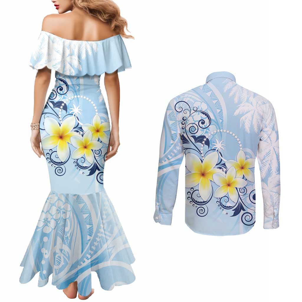 FSM Chuuk Constitution Day Couples Matching Mermaid Dress and Long Sleeve Button Shirt Polynesian Curves Plumeria LT05 - Polynesian Pride