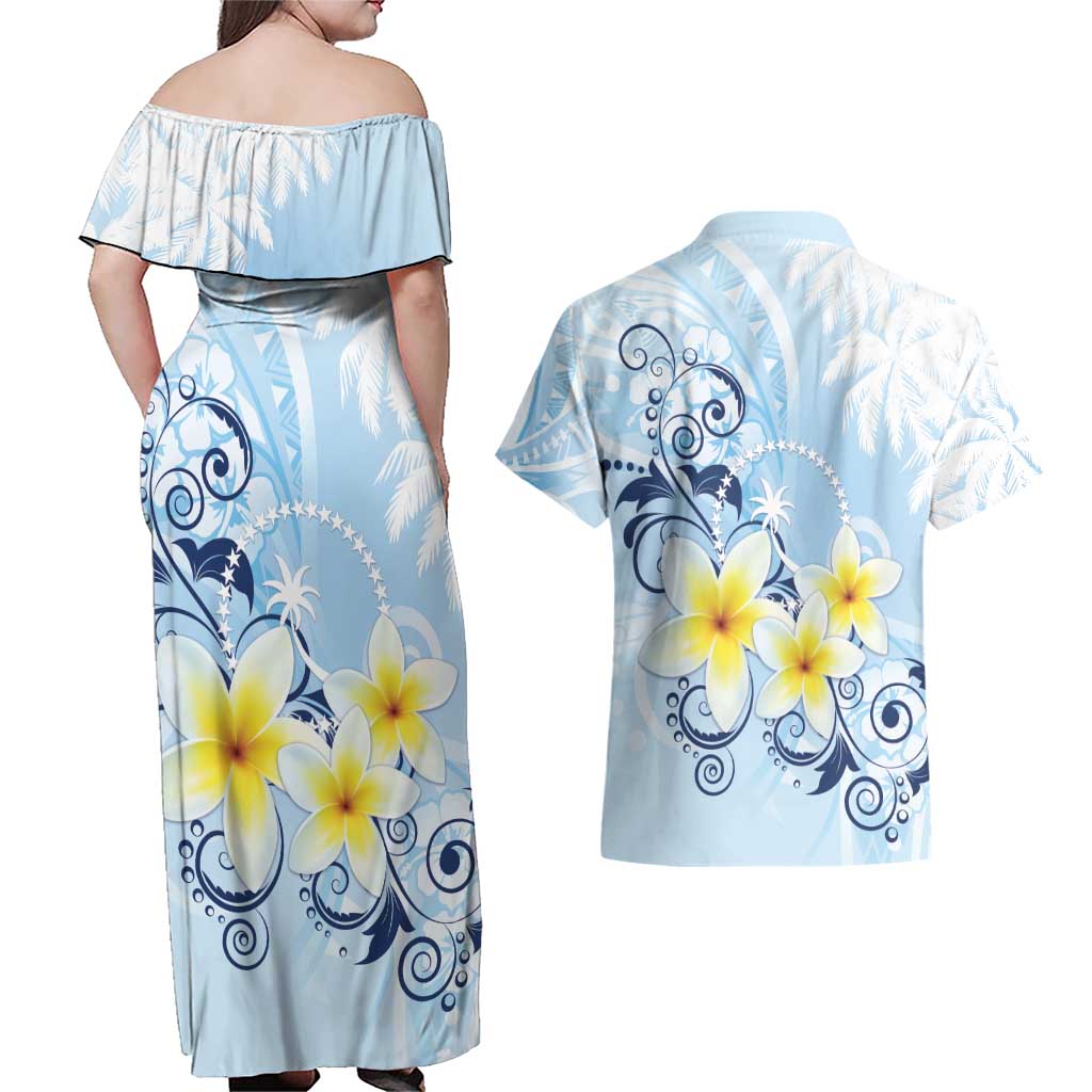 FSM Chuuk Constitution Day Couples Matching Off Shoulder Maxi Dress and Hawaiian Shirt Polynesian Curves Plumeria LT05 - Polynesian Pride
