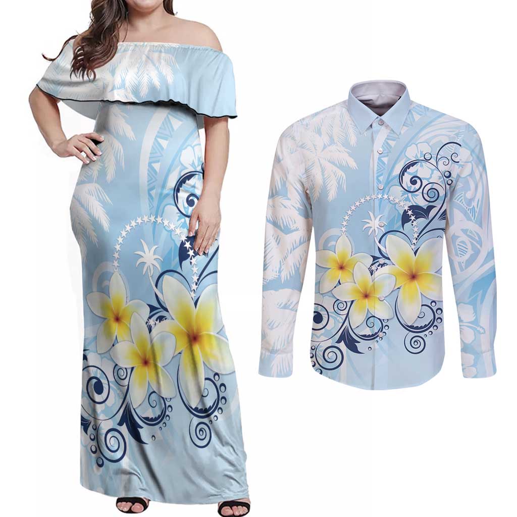 FSM Chuuk Constitution Day Couples Matching Off Shoulder Maxi Dress and Long Sleeve Button Shirt Polynesian Curves Plumeria LT05 Blue - Polynesian Pride
