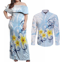 FSM Chuuk Constitution Day Couples Matching Off Shoulder Maxi Dress and Long Sleeve Button Shirt Polynesian Curves Plumeria LT05 Blue - Polynesian Pride