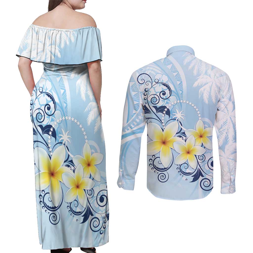 FSM Chuuk Constitution Day Couples Matching Off Shoulder Maxi Dress and Long Sleeve Button Shirt Polynesian Curves Plumeria LT05 - Polynesian Pride