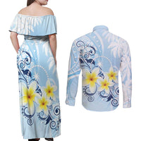 FSM Chuuk Constitution Day Couples Matching Off Shoulder Maxi Dress and Long Sleeve Button Shirt Polynesian Curves Plumeria LT05 - Polynesian Pride