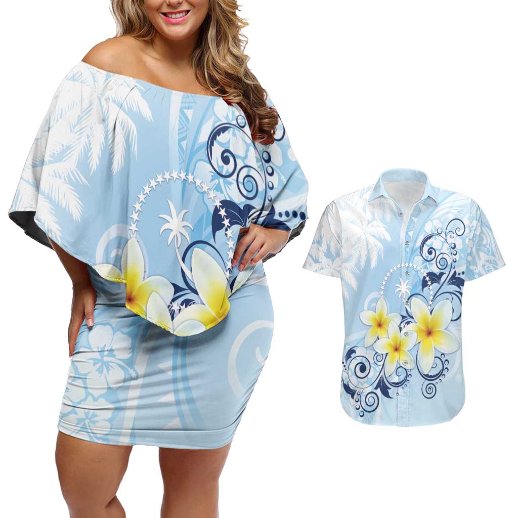FSM Chuuk Constitution Day Couples Matching Off Shoulder Short Dress and Hawaiian Shirt Polynesian Curves Plumeria LT05 Blue - Polynesian Pride