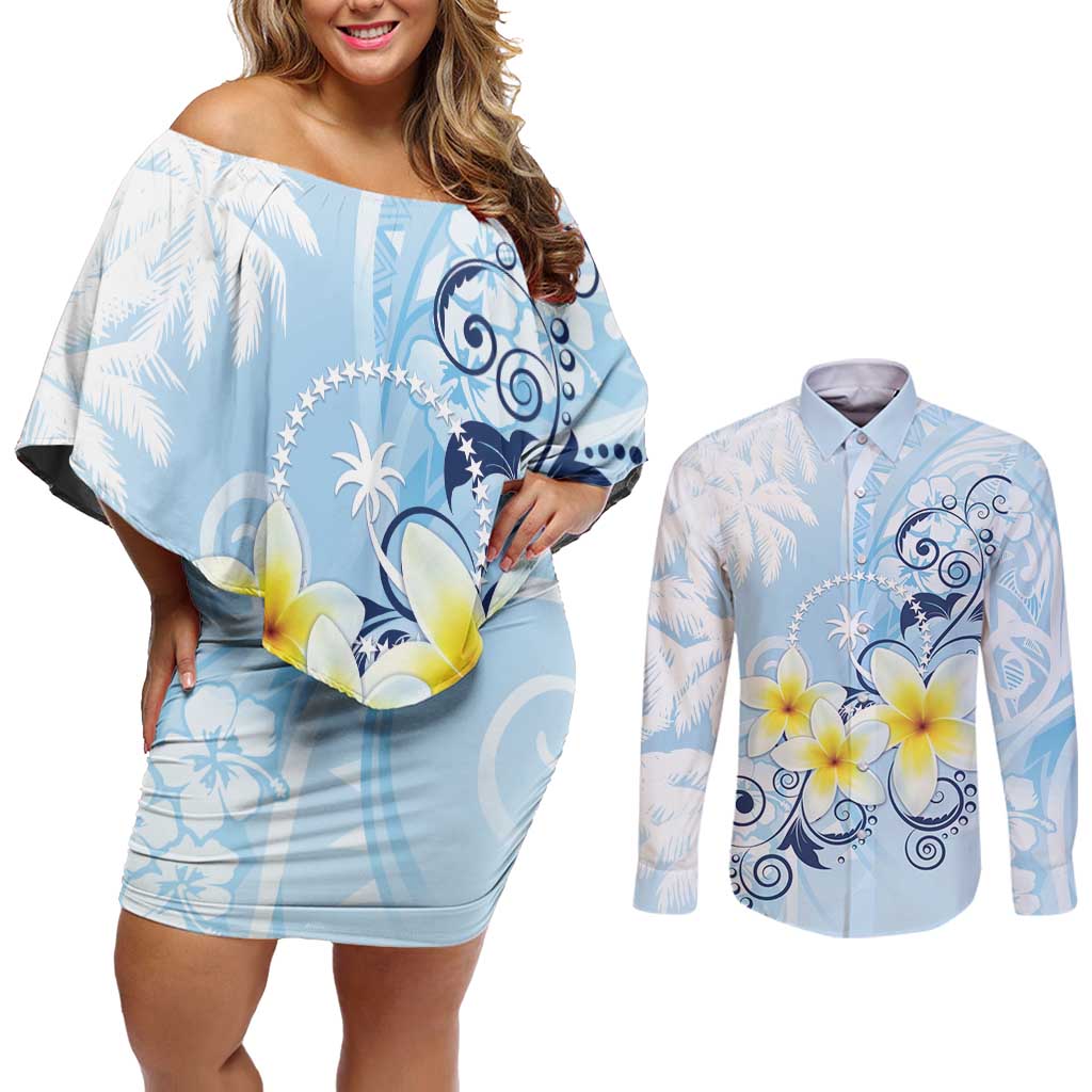 FSM Chuuk Constitution Day Couples Matching Off Shoulder Short Dress and Long Sleeve Button Shirt Polynesian Curves Plumeria LT05 Blue - Polynesian Pride