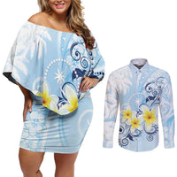 FSM Chuuk Constitution Day Couples Matching Off Shoulder Short Dress and Long Sleeve Button Shirt Polynesian Curves Plumeria LT05 Blue - Polynesian Pride