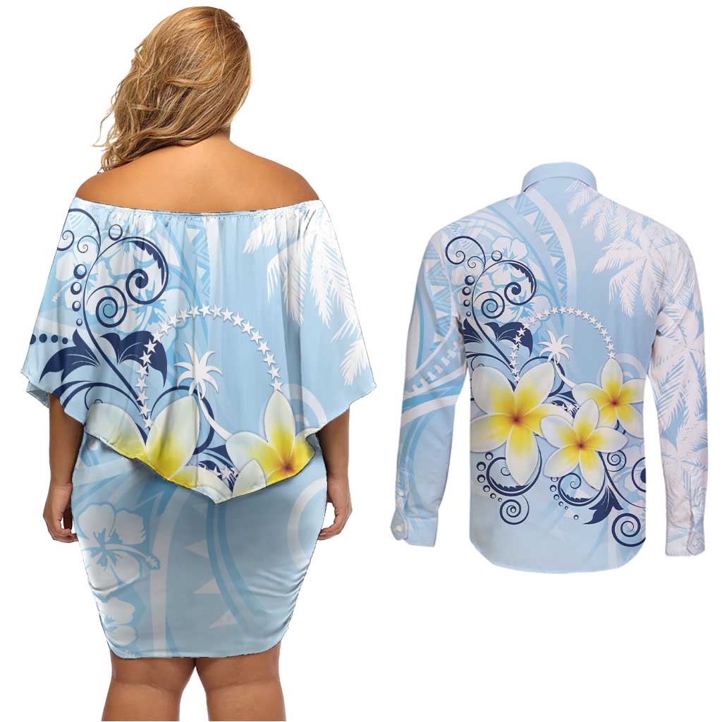 FSM Chuuk Constitution Day Couples Matching Off Shoulder Short Dress and Long Sleeve Button Shirt Polynesian Curves Plumeria LT05 - Polynesian Pride