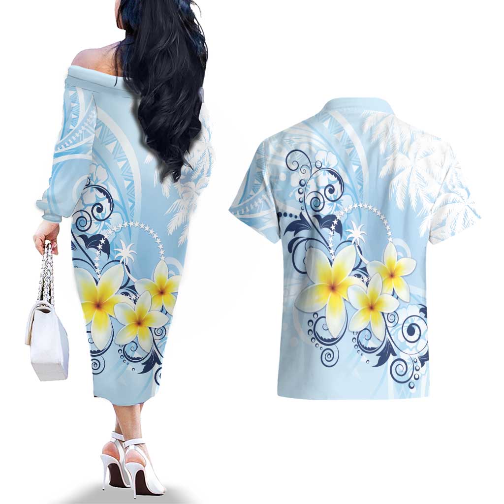 FSM Chuuk Constitution Day Couples Matching Off The Shoulder Long Sleeve Dress and Hawaiian Shirt Polynesian Curves Plumeria LT05 - Polynesian Pride