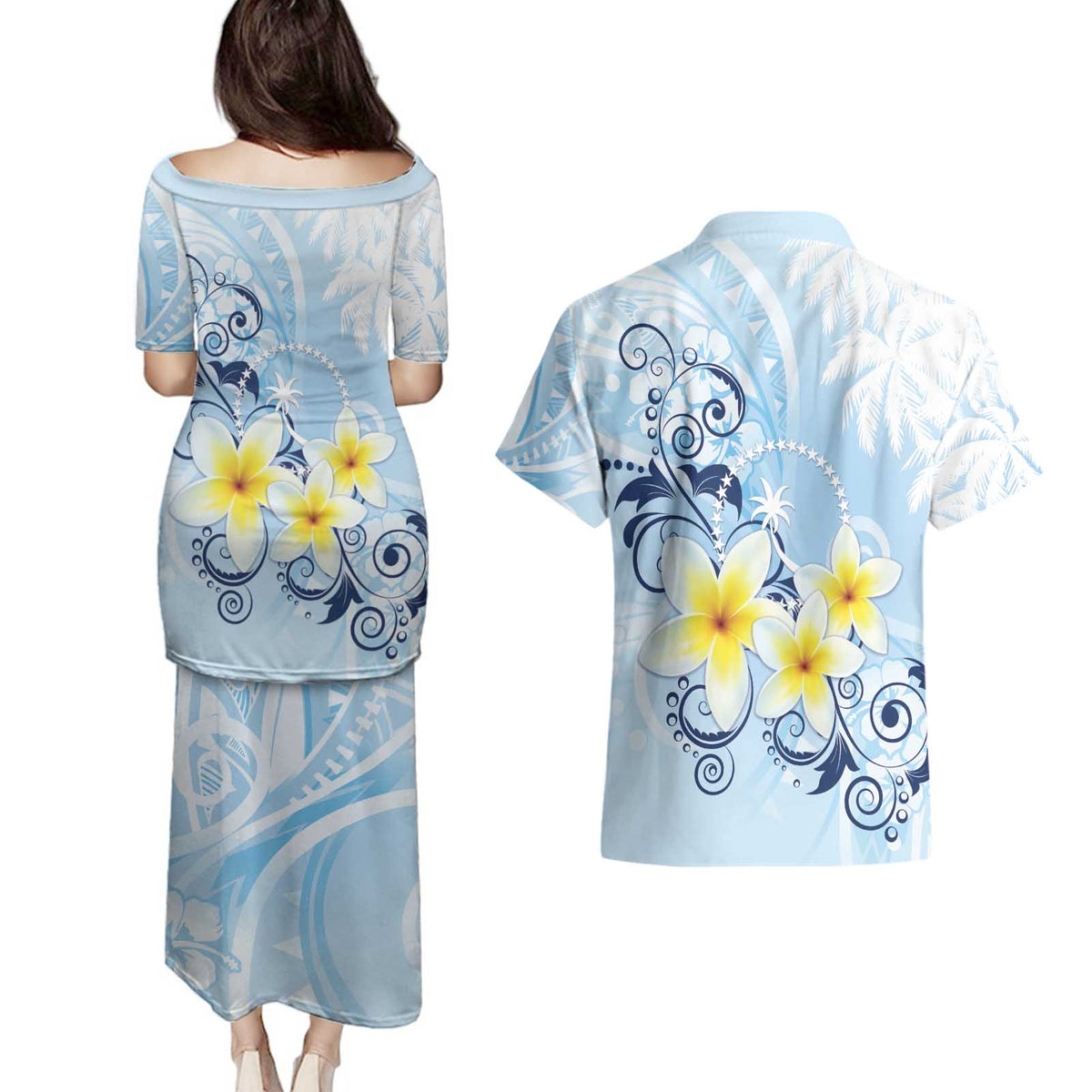 FSM Chuuk Constitution Day Couples Matching Puletasi and Hawaiian Shirt Polynesian Curves Plumeria LT05 - Polynesian Pride
