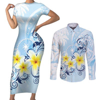 FSM Chuuk Constitution Day Couples Matching Short Sleeve Bodycon Dress and Long Sleeve Button Shirt Polynesian Curves Plumeria LT05 Blue - Polynesian Pride