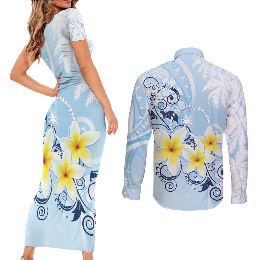 FSM Chuuk Constitution Day Couples Matching Short Sleeve Bodycon Dress and Long Sleeve Button Shirt Polynesian Curves Plumeria LT05 - Polynesian Pride