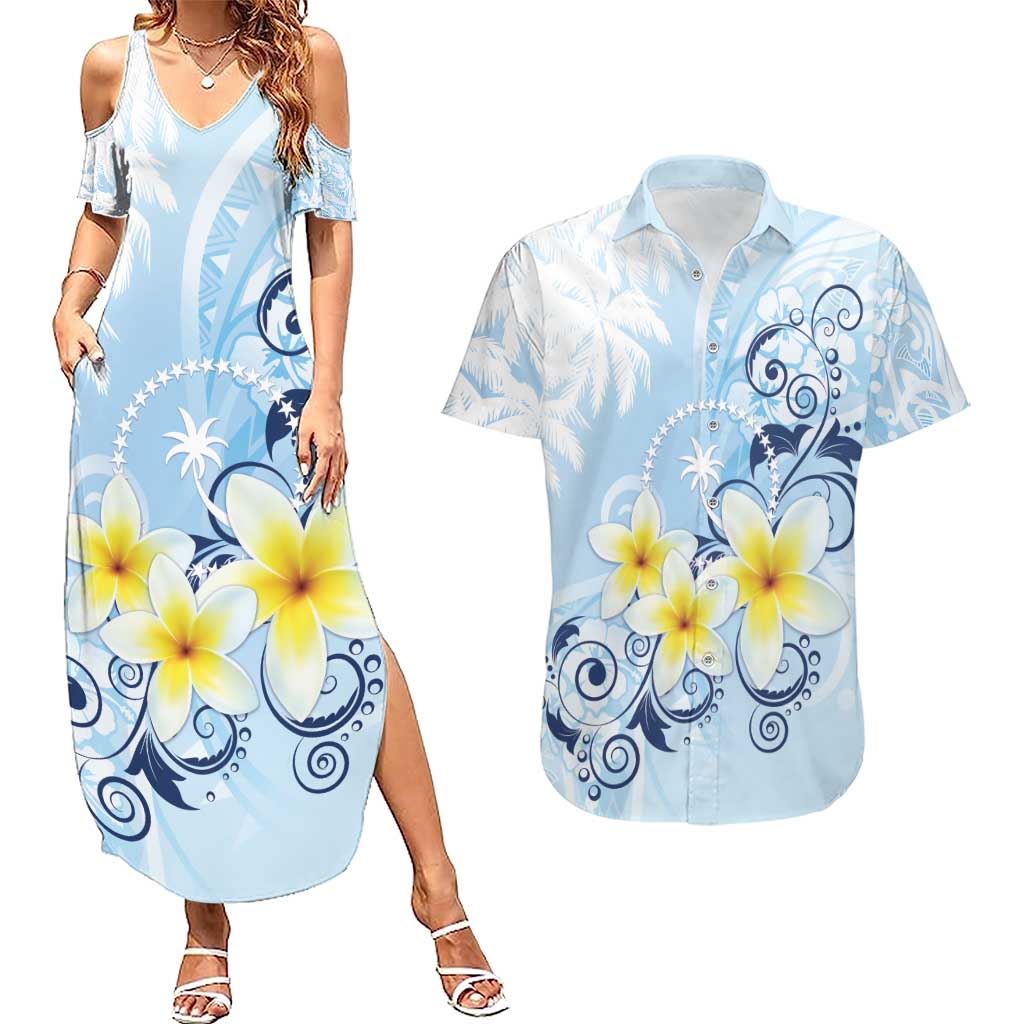 FSM Chuuk Constitution Day Couples Matching Summer Maxi Dress and Hawaiian Shirt Polynesian Curves Plumeria LT05 Blue - Polynesian Pride
