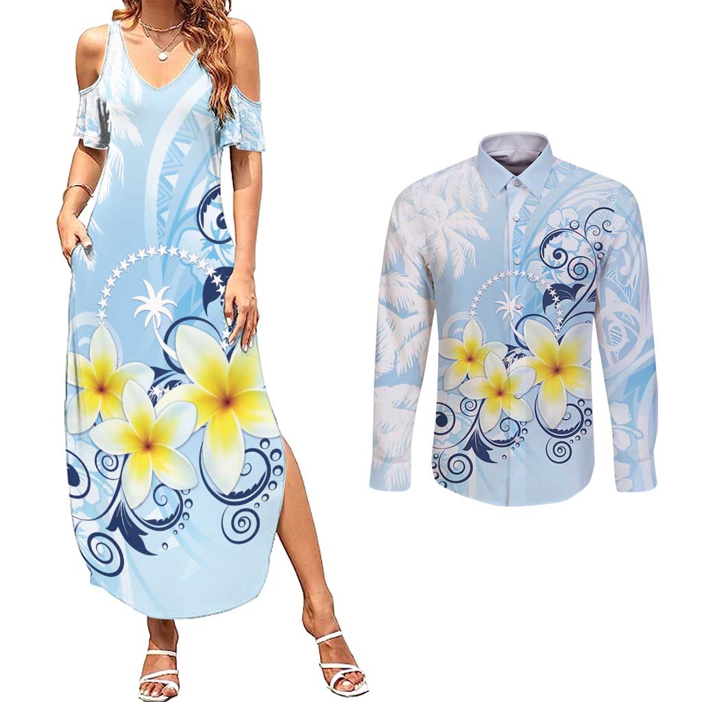 FSM Chuuk Constitution Day Couples Matching Summer Maxi Dress and Long Sleeve Button Shirt Polynesian Curves Plumeria LT05 Blue - Polynesian Pride